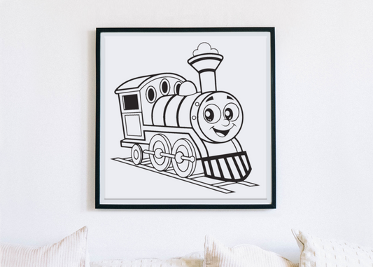 Cadre décoratif avec une locomotive amusante façon minimaliste, idéal pour les férus de trains