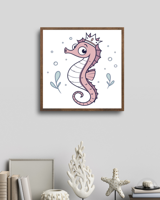 Cadre avec hippocampe joyeux et coloré dans un style marin aquatique