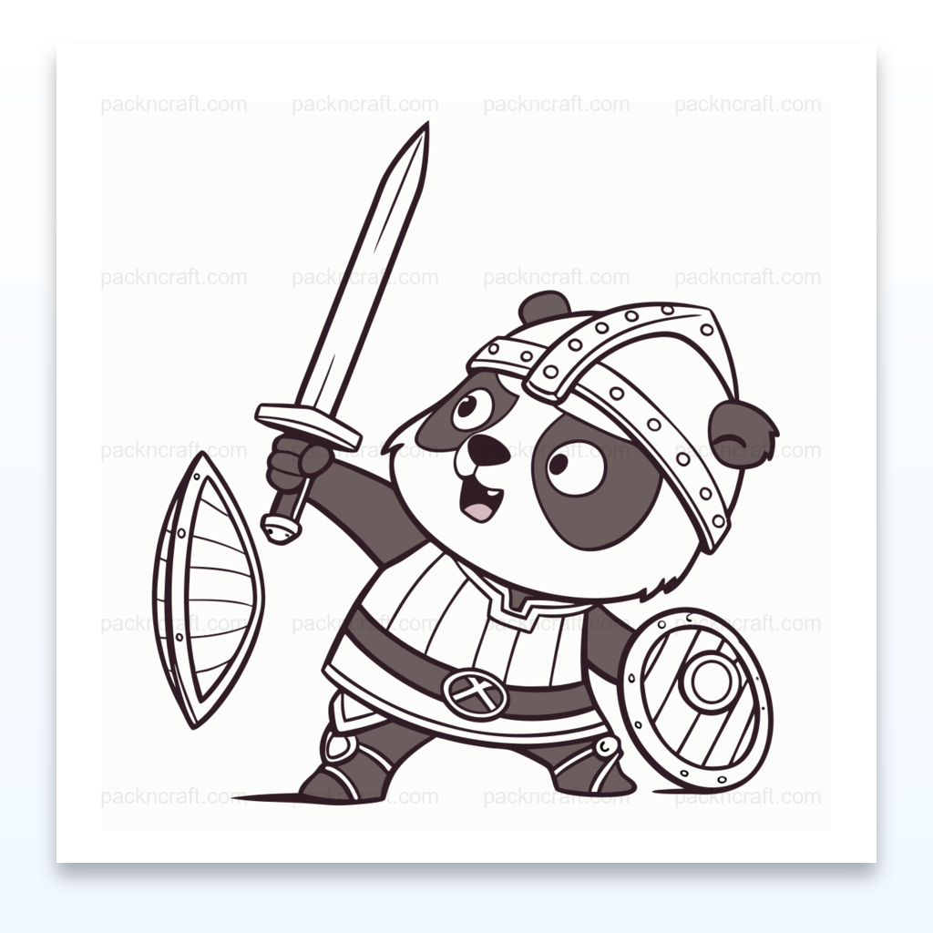 Illustration de panda chevalier brandissant épée et bouclier, style vectoriel minimaliste