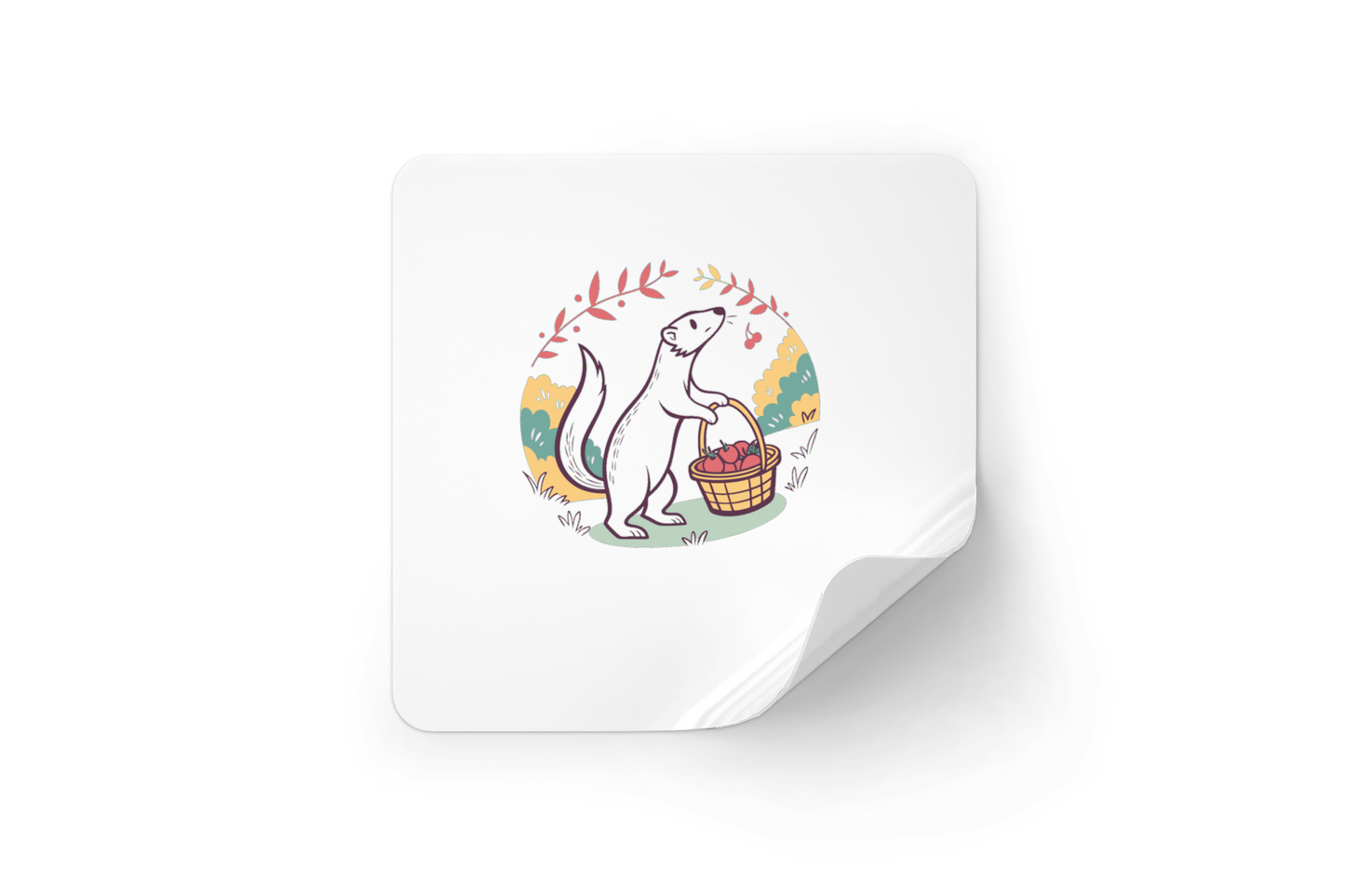 Sticker illustrant une belette joyeuse portant un panier de pommes style doux automnal