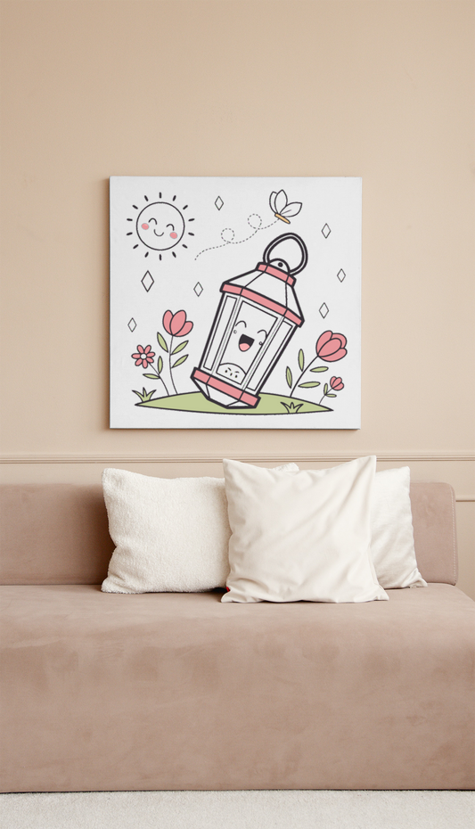 Cadre avec lanterne kawaii entourée de fleurs printanières colorées et joyeuses