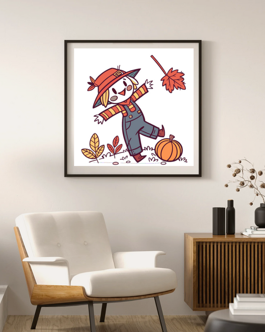 Cadre avec épouvantail joyeux décoratif style kawaii pour une touche d'automne