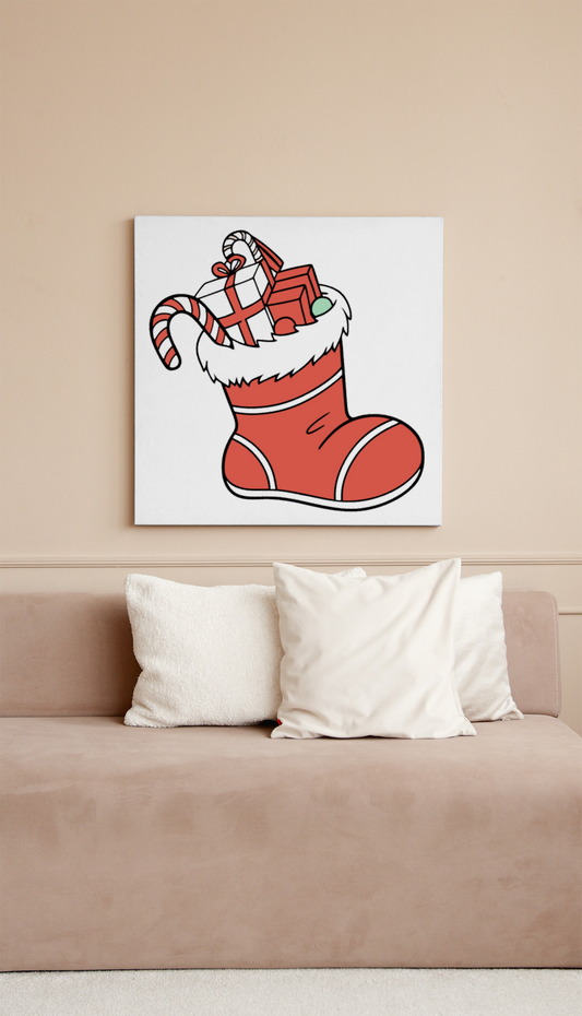 Cadre festif avec chaussette de Noël garnie, idéal pour la décoration de saison