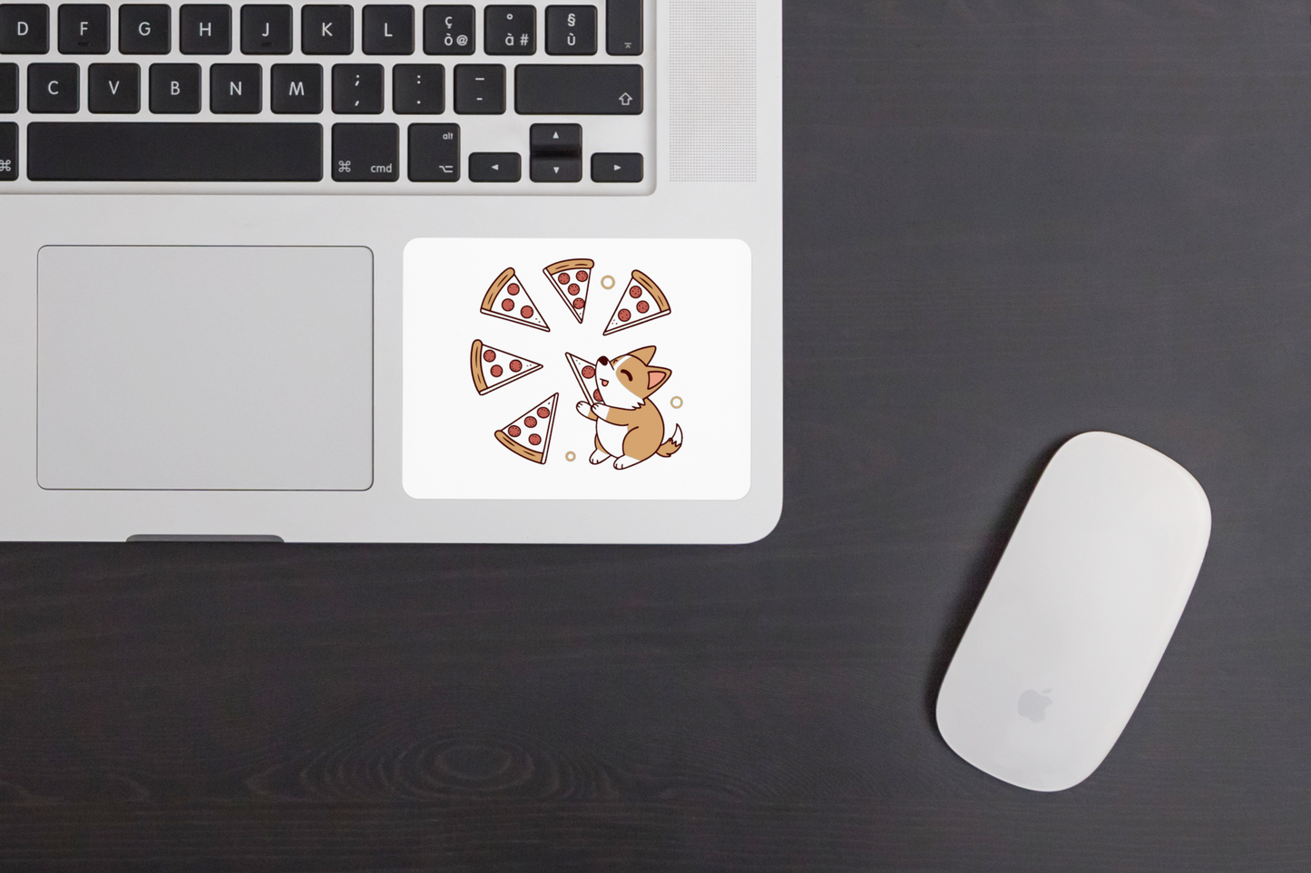Sticker mignon avec chien joyeux dévorant une pizza thème gourmand stimulant