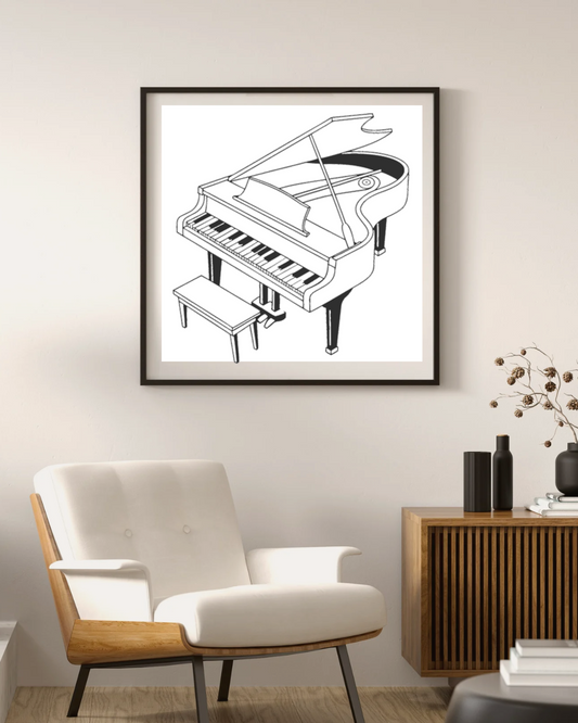 Cadre mural avec piano à queue minimaliste évoquant une ambiance musicale harmonieuse