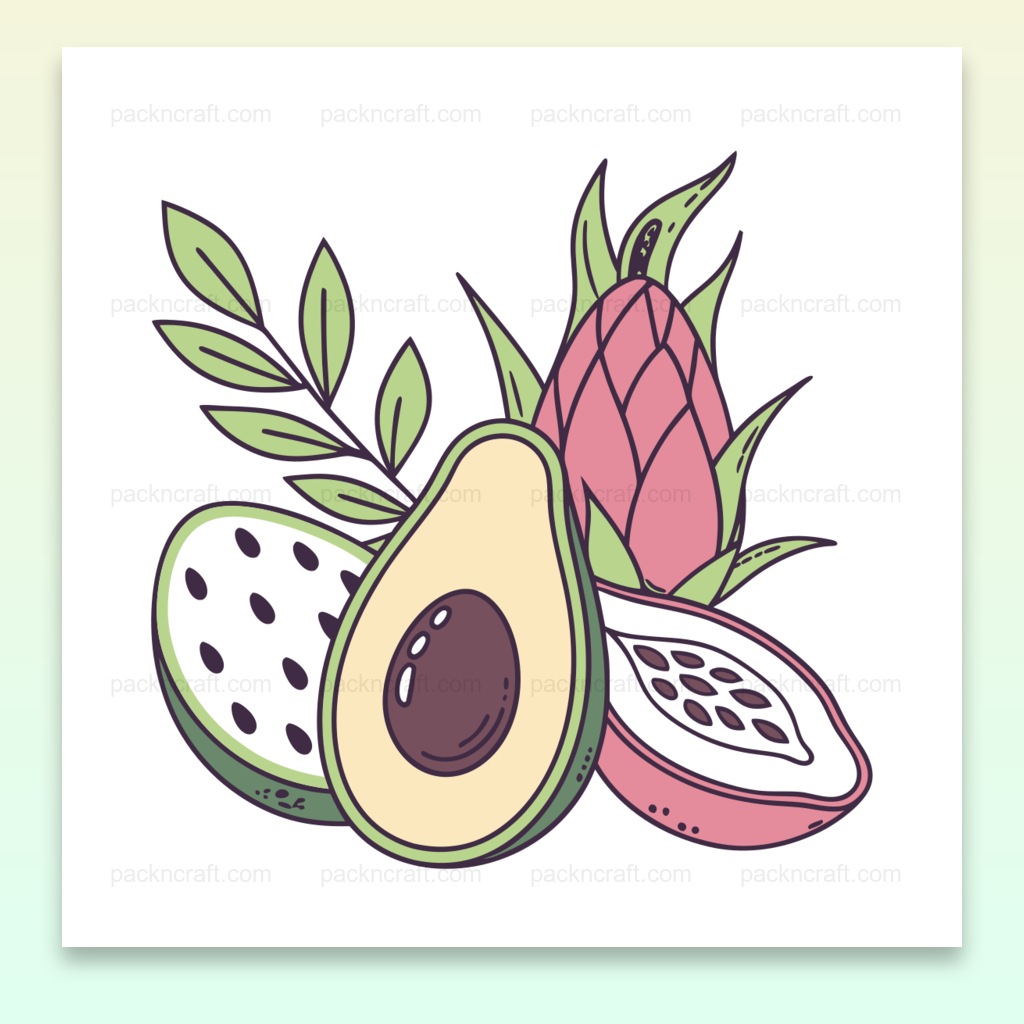 Illustration colorée d'un avocat et fruit du dragon pour usage créatif et décoratif