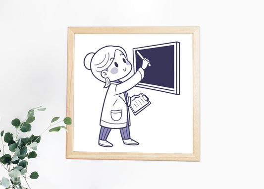 Cadre éducatif avec design monochrome représentant une enseignante réfléchissant