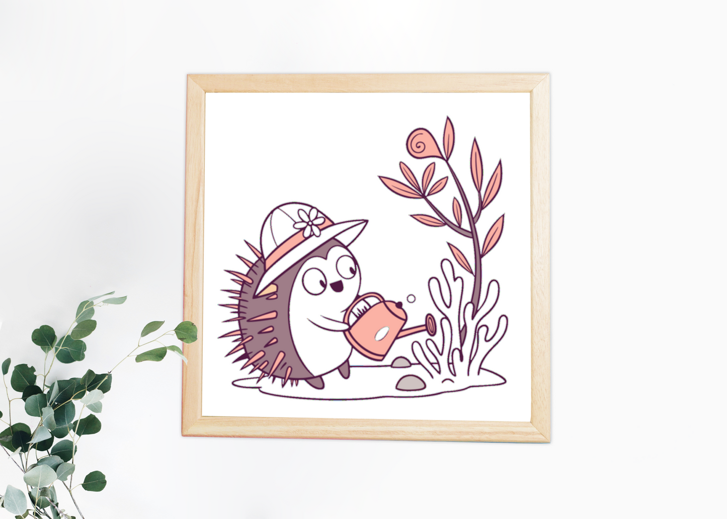 Cadre de décoration avec hérisson pastel arrosant des fleurs de printemps
