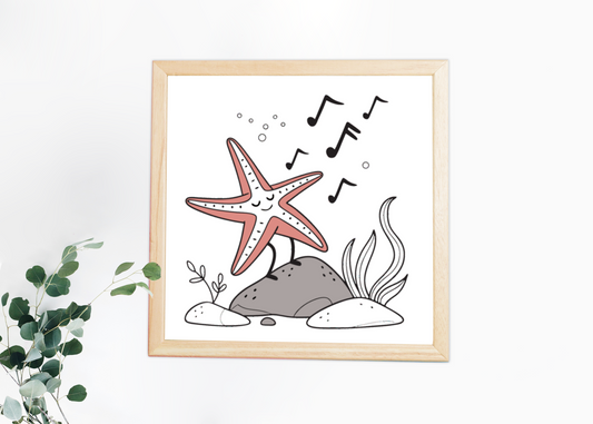 Cadre décoratif étoile de mer chantante sur un fond marin avec notes de musique