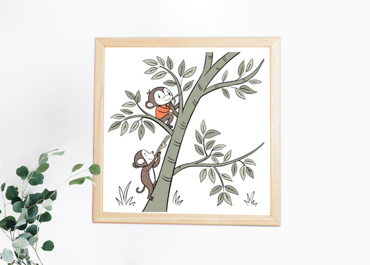 Cadre avec un singe curieux grimpant, style aventurier et naturel éclatant