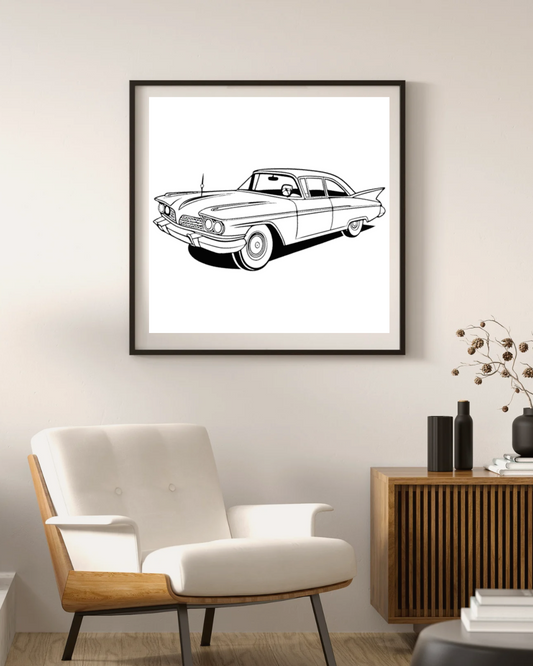 Chrysler Imperial 1959 en chargement | Art noir et blanc | Classique vintage