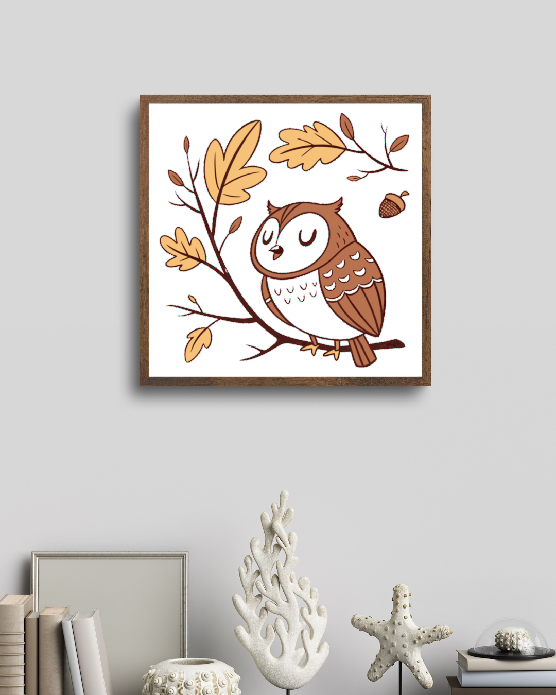 Cadre automnal avec dessin doodle de chouette paisible posée sur une branche
