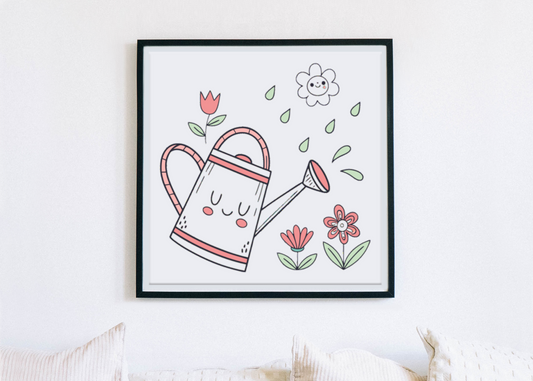 Cadre enchanteur avec arrosoir joyeux pastel dans un style jardin féerique