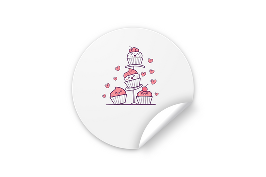 Illustration kawaii de cupcakes en tour sur sticker, idéale pour papeterie festive.