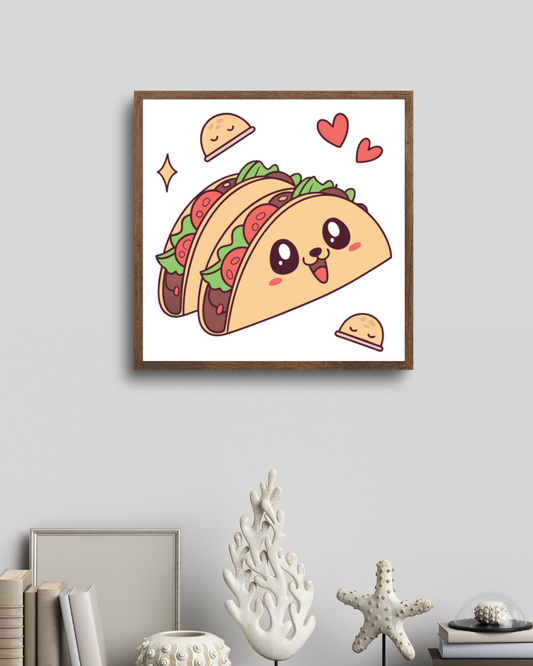 Cadre avec dessin de tacos kawaii heureux style gourmand et ludique