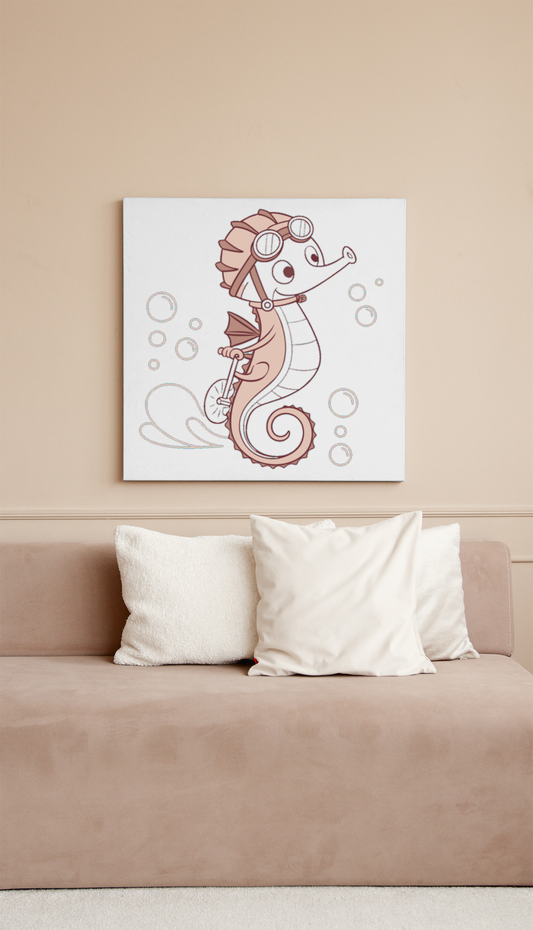 Cadre avec une icône d'hippocampe vintage et thème aventure marine