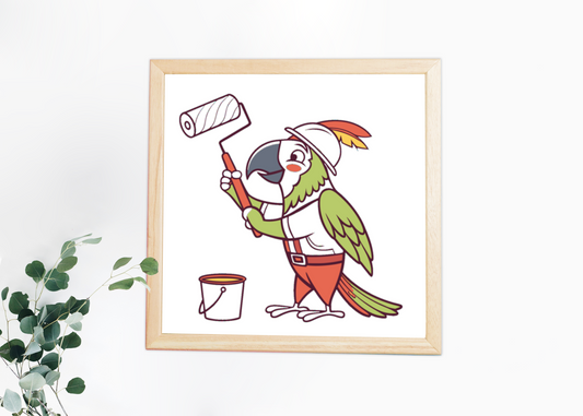 Cadre créatif avec perroquet cartoon peintre vibrant et amusant