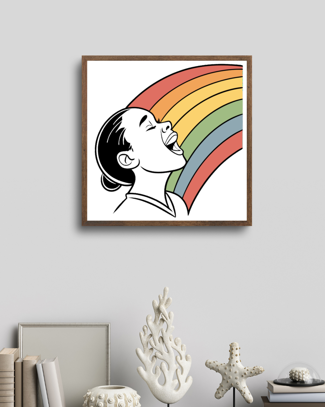 Cadre vibrant avec icône décorative d'enfant joyeux sous un arc-en-ciel coloré