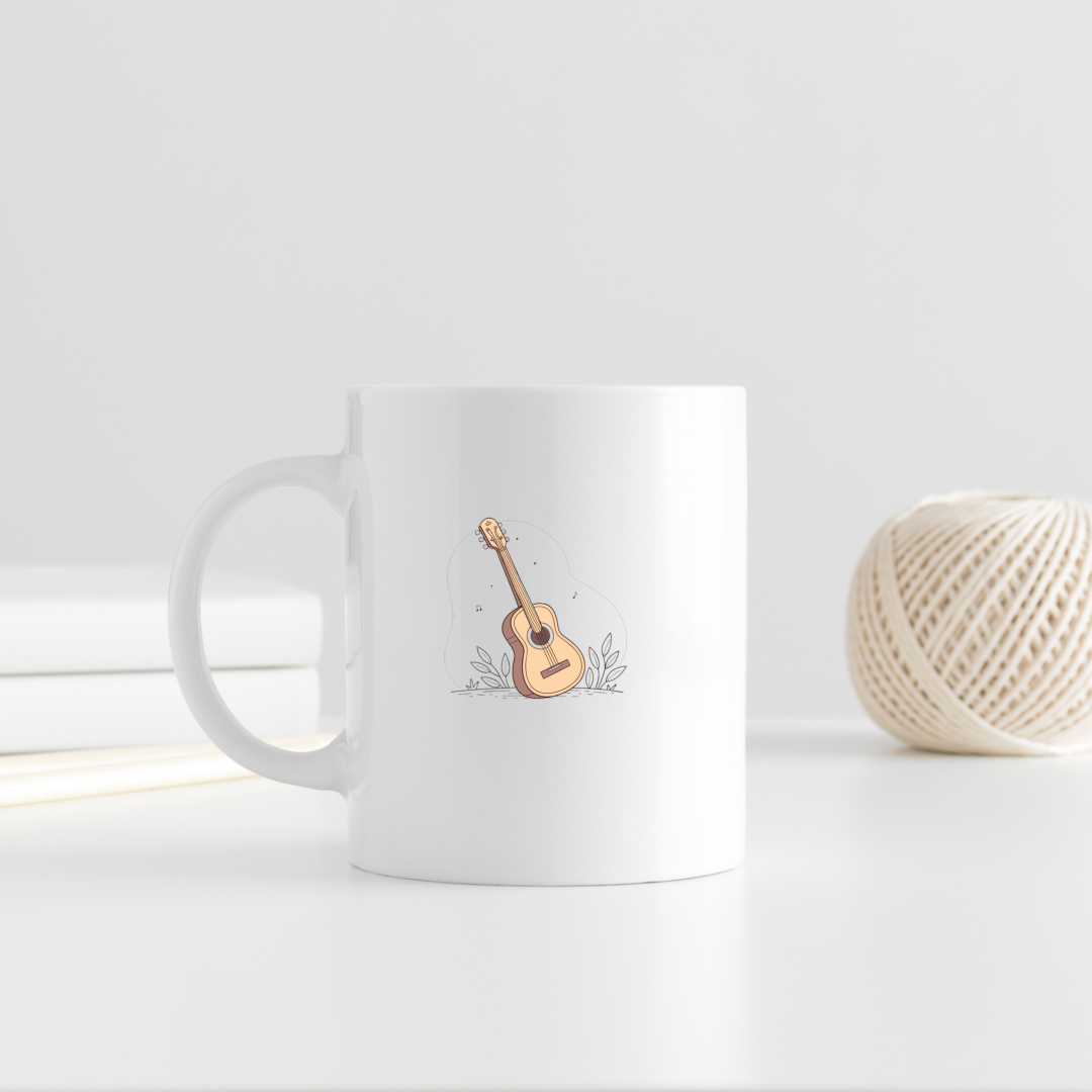 Mug décoratif avec guitare stylisée pastel sur fond musical