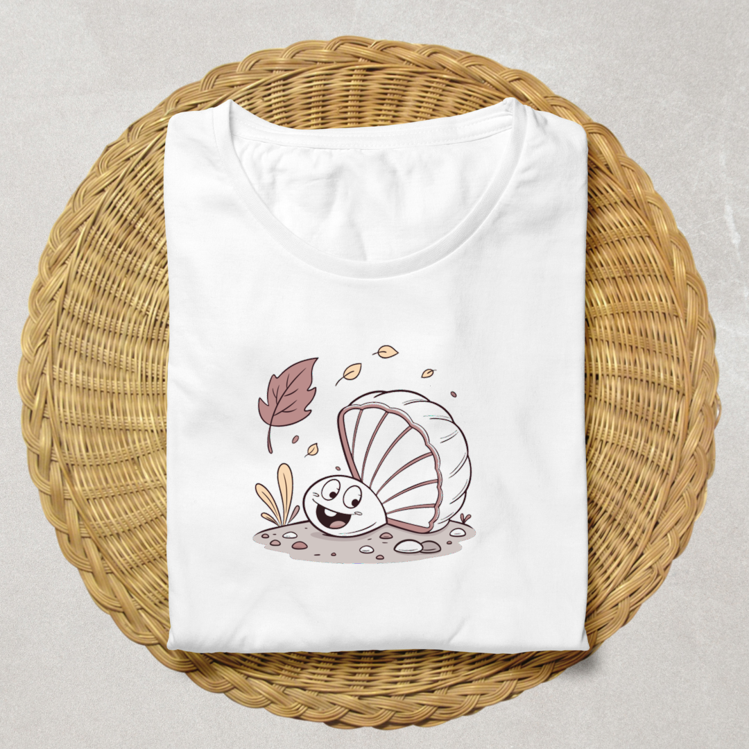 T-shirt automnal avec coquillage joyeux minimaliste représentant une ambiance marine