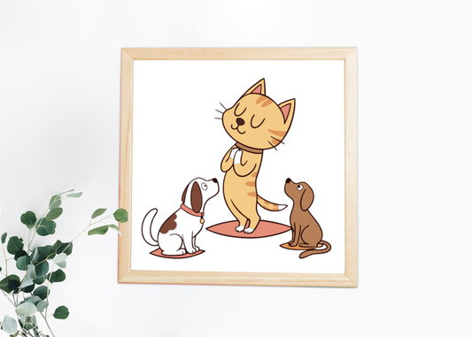 Cadre affichant un chat zen et des chiens dans des tons pastels invitant à la méditation