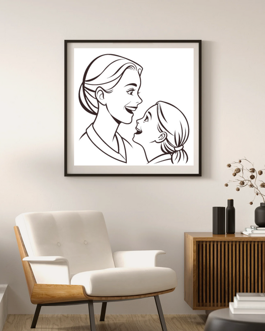 Cadre décoratif avec mère et fille en dessin vectoriel détaillé ambiance familiale