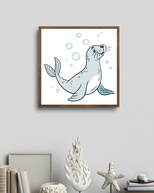 Cadre décoratif avec phoque joueur entouré de bulles marines