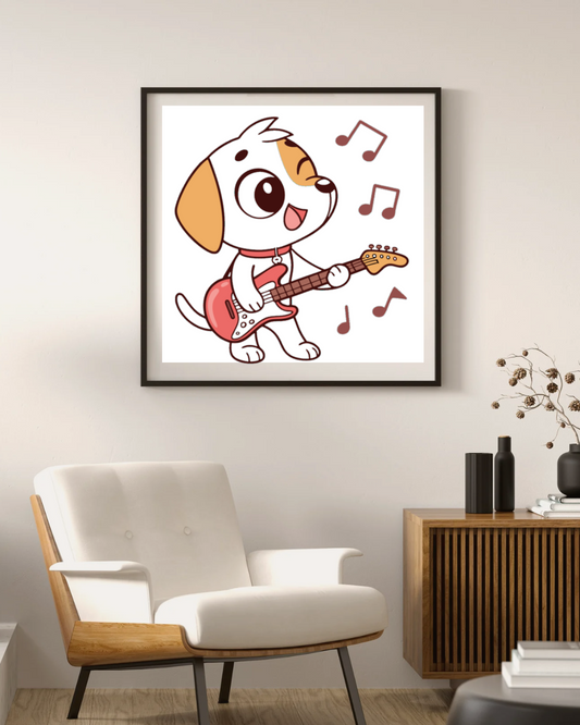 Cadre avec chien mignon jouant de la guitare style cartoon ambiance musicale