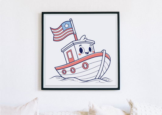 Cadre avec motif ludique de bateau souriant dans un style doodle aventureux