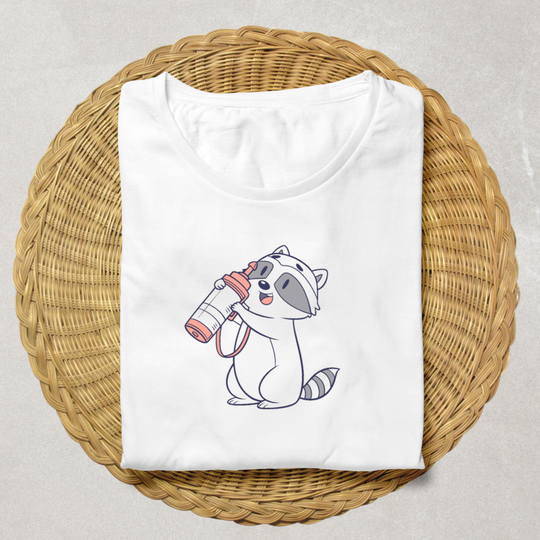T-shirt avec un raton laveur joyeux portant une bouteille dans un style kawaii nature