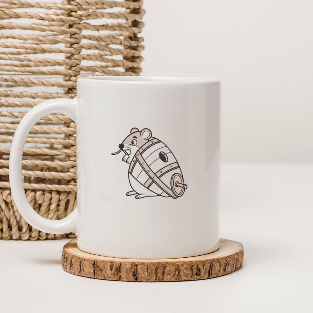 Mug avec dessin vintage d'une souris espiègle dans un tonneau ambiance aventure