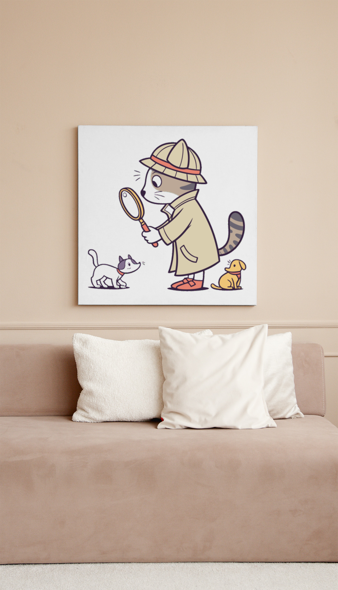 Cadre décoratif avec un chat kawaii en détective dans un style mignon et mystérieux