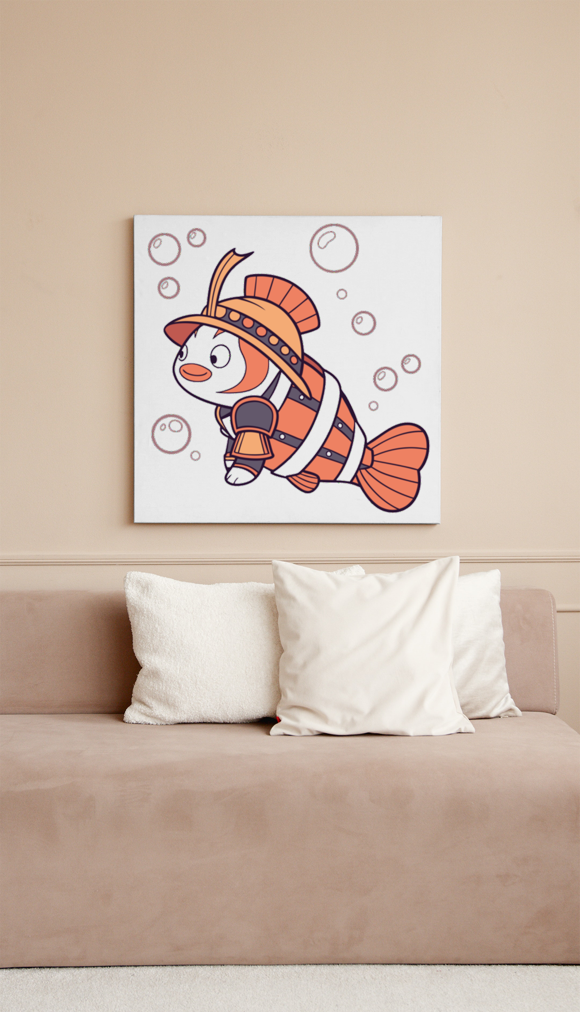 Cadre mettant en scène un poisson-clown guerrier style cartoon dans un décor marin