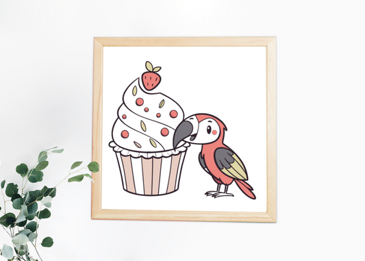 Cadre décoratif perroquet gourmand et cupcake dans des tons pastel détaillés