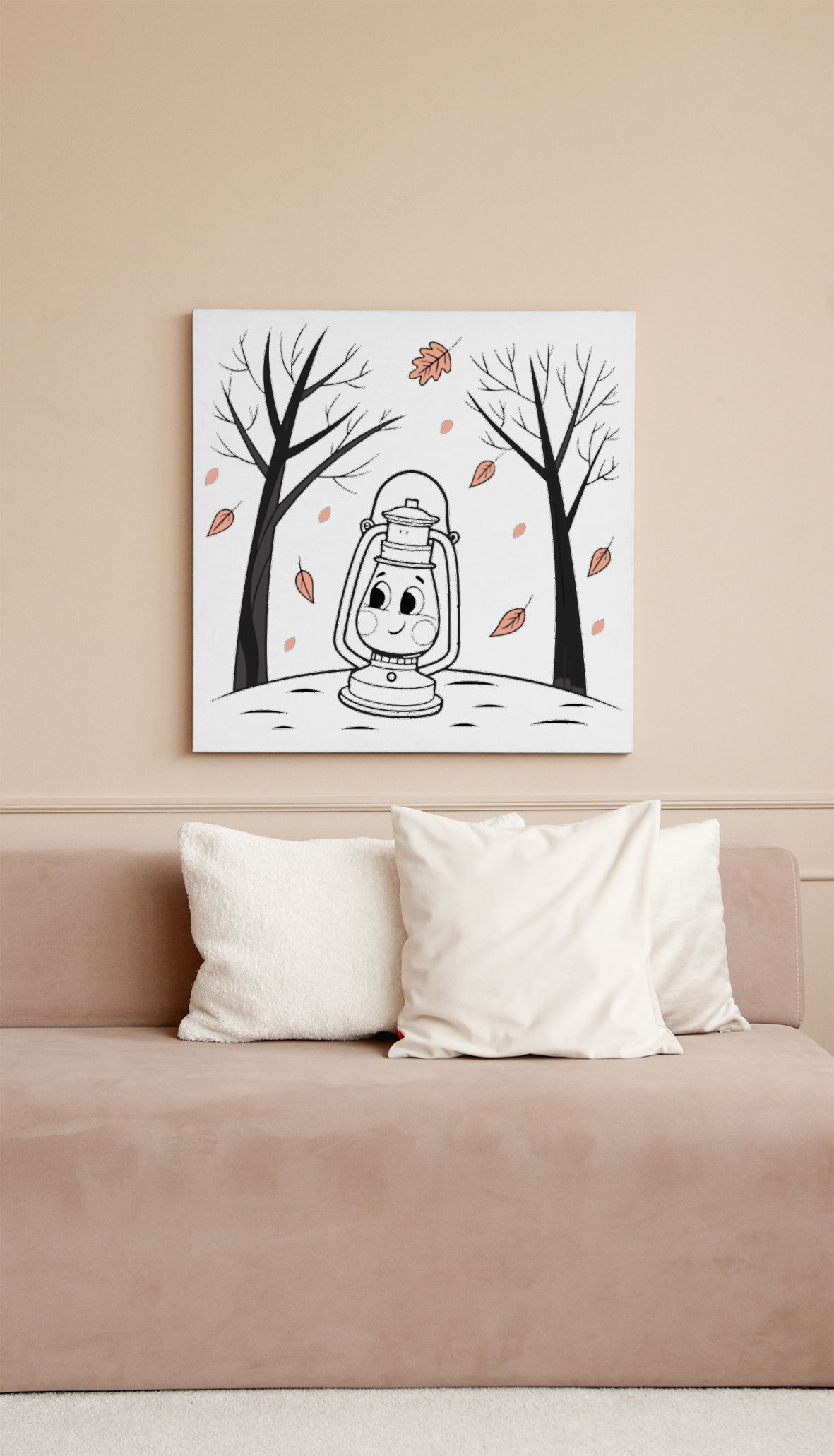 Cadre avec dessin numérique lanterne souriante automne au style forêt enchanteur