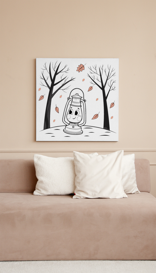 Cadre avec dessin numérique lanterne souriante automne au style forêt enchanteur