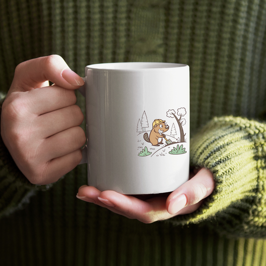 Mug avec castor bûcheron en illustration vecteur style nature enchâssée
