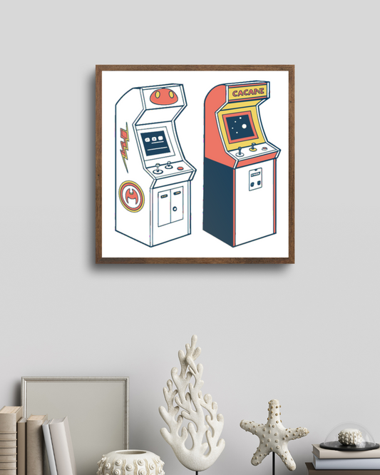 Poster encadré avec anciennes bornes d'arcade rétro.