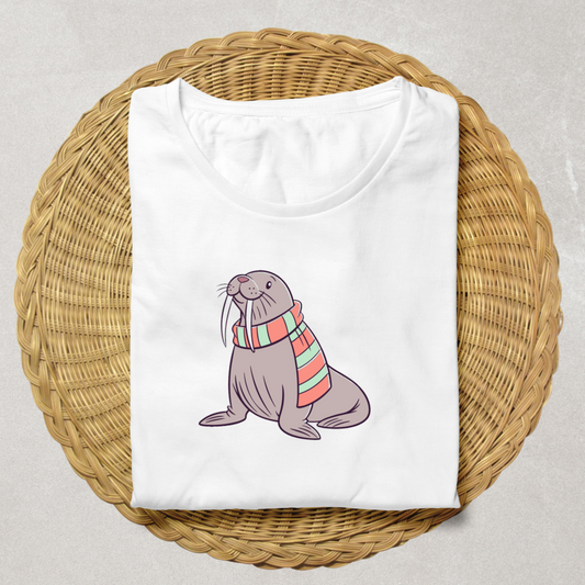 Un t-shirt d'hiver cosy avec un morse portant une écharpe colorée