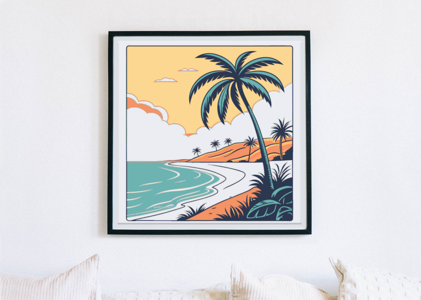 Affiche encadrée plage rétro pour créer une ambiance vintage relaxante.