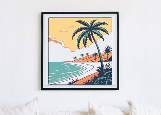 Affiche encadrée plage rétro pour créer une ambiance vintage relaxante.