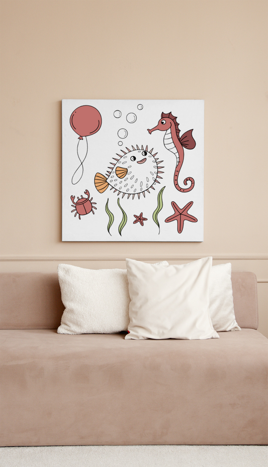 Cadre avec poisson globe joyeux dans un thème marin stylisé et décoratif