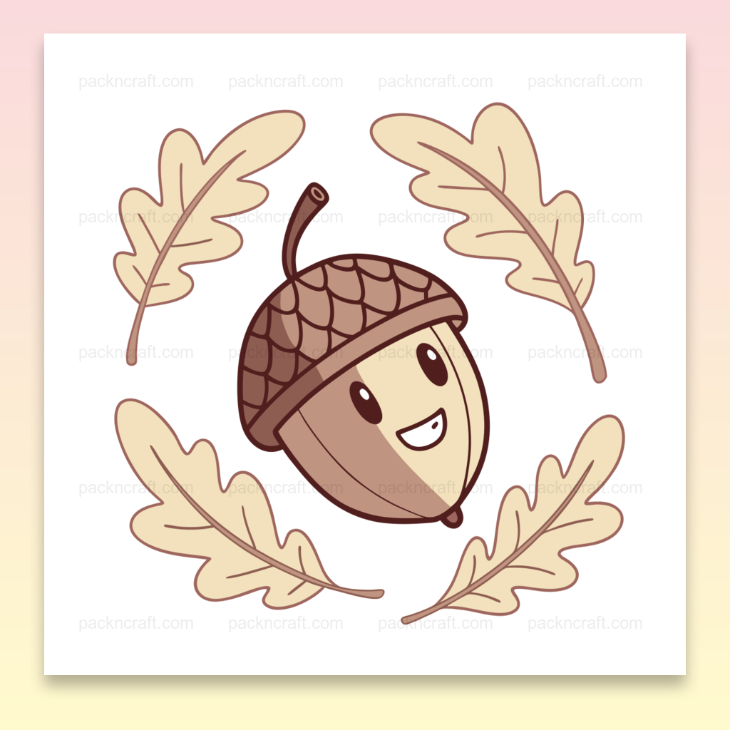 Illustration joyeuse d'un gland entouré de feuilles, idéal pour déco automnale.
