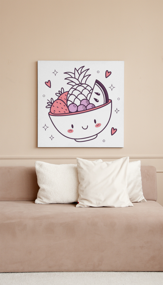 Cadre décoratif avec des fruits souriants en style pastel et ambiance joyeuse