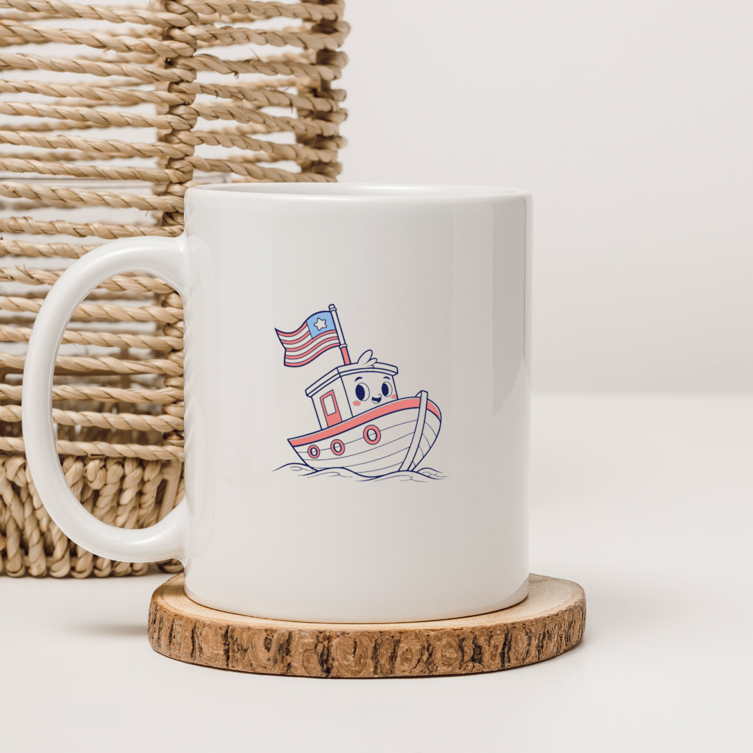 Mug au design nautique avec un graphique de petit bateau stylisé et joyeux