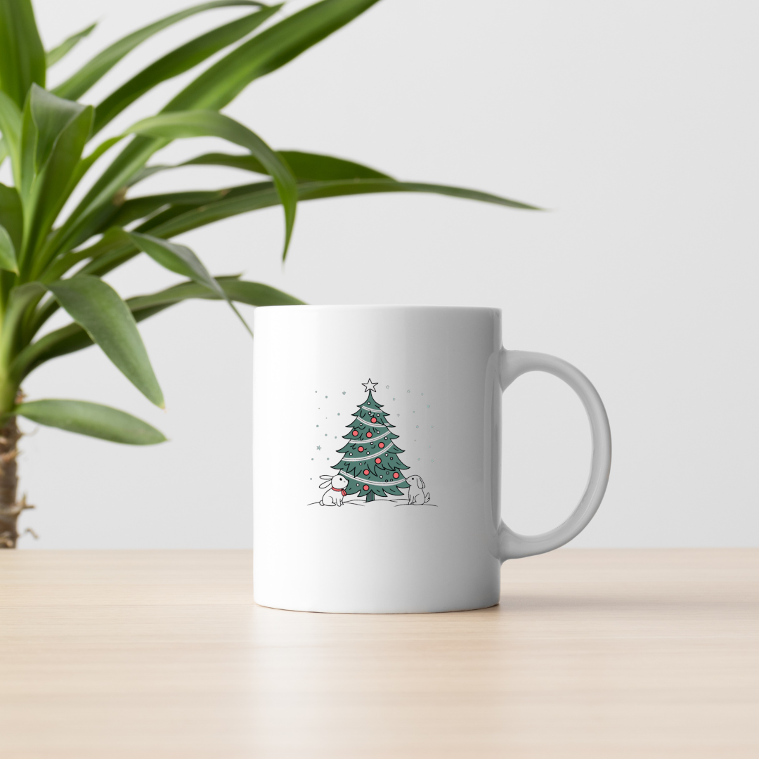 Mug décoré de lapins festifs et sapin style doodle parfait pour l'hiver magique
