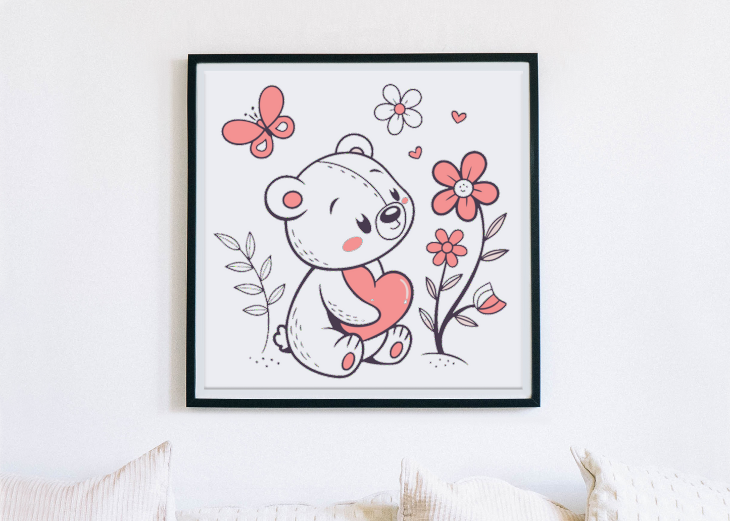 Cadre décoratif avec un teddy kawaii et des motifs de printemps