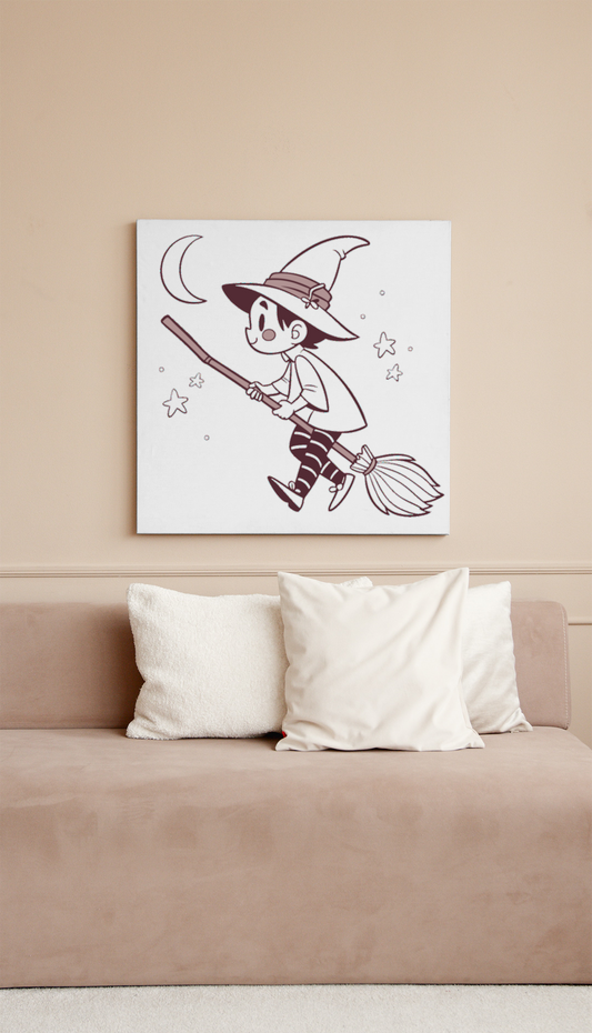 Cadre décoratif thème Halloween avec un petit sorcier volant style magique