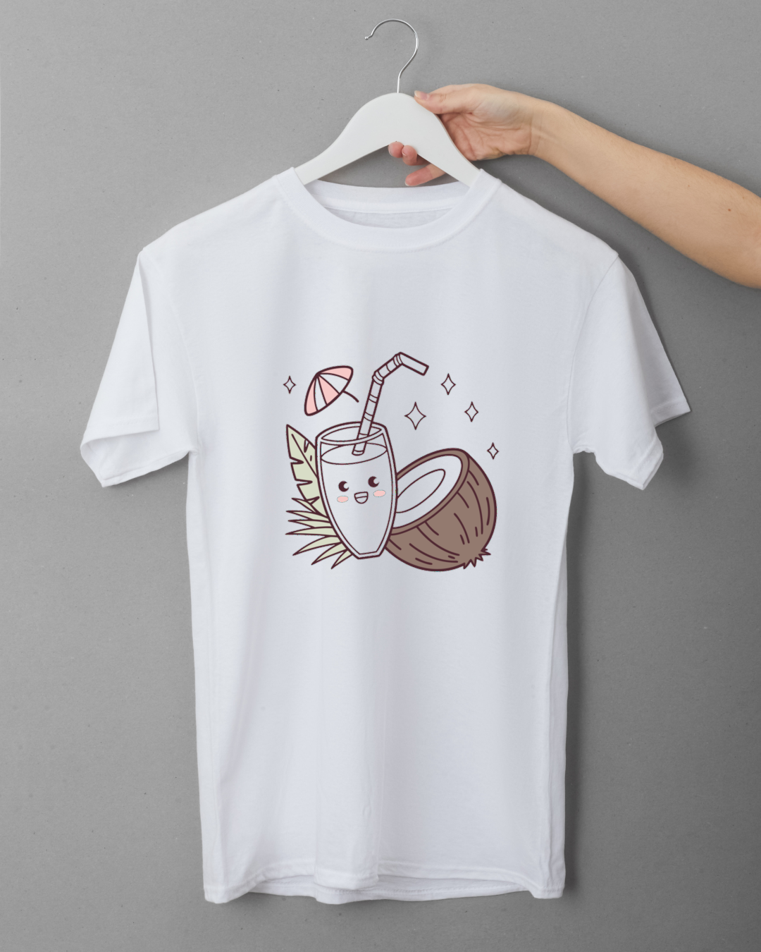T-shirt tropical avec verre joyeux et cocotiers en style kawaii vibrant et amusant