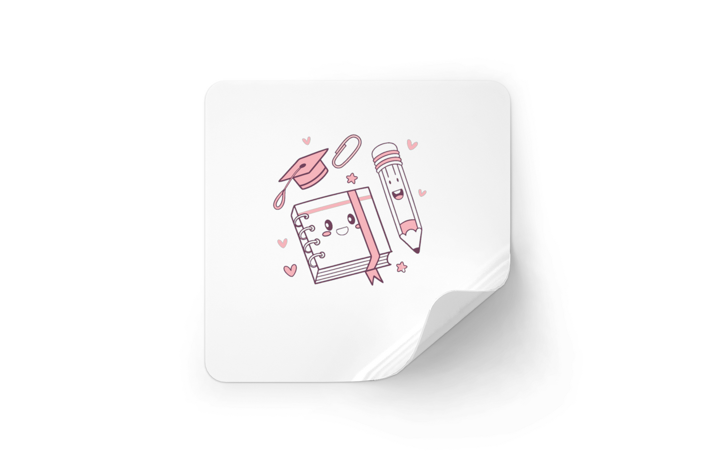 Sticker au style kawaii avec bloc-notes joyeux et crayon festif école colorée